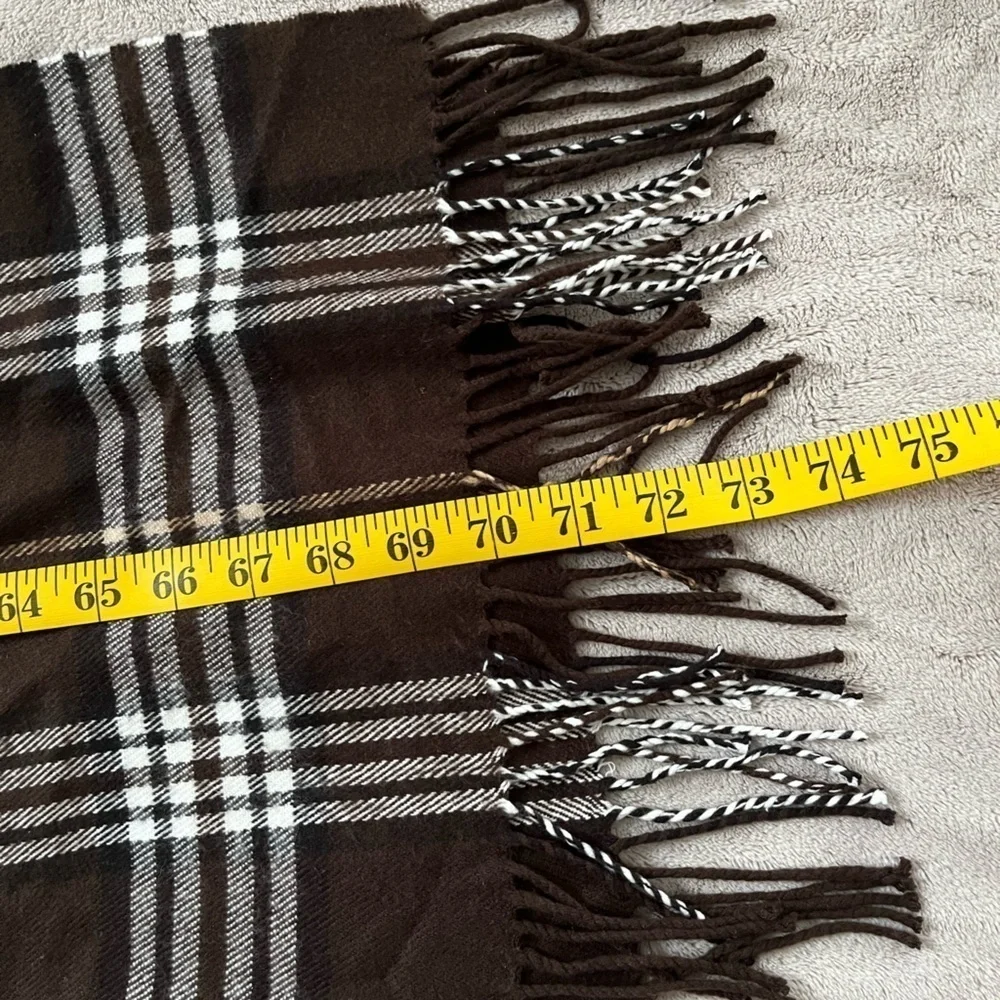 Cashmere 100% Made In Scotland Brown White Plaid Fringe Scarf Unisex One Size